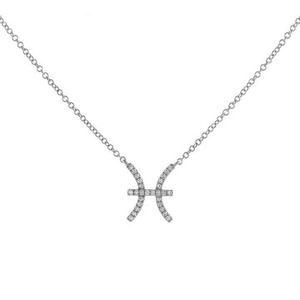Detail of silver Pisces zodiac necklace with sparkling crystal inlay on white background