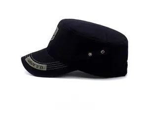 Side view of black washed cotton military cap with U.S. ARMY embroidery and metal eyelets