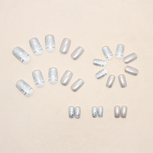 Elegant square silver glitter press-on nails with white stripe accents and pearl finish
