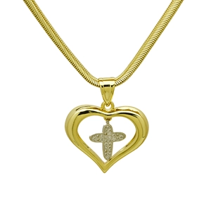 Close-up of golden heart pendant with crystal-studded cross and sleek snake chain