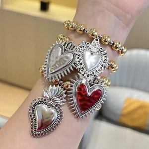Bracelet à Perles Sacré-Cœur Gothique Vintage Bracelet Réglable en Alliage avec Pendentif Cœur pour Femmes Hommes Bijoux