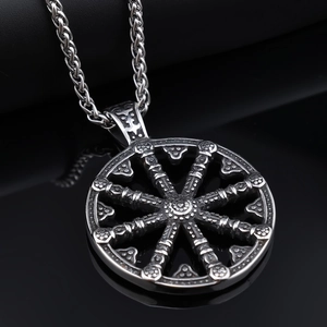 Nordic Viking compass pendant in vintage silver stainless steel with braided chain