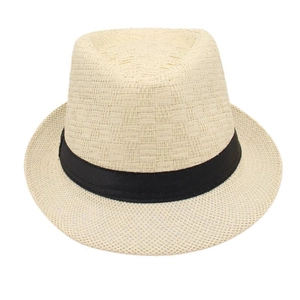 Close-up of beige woven straw fedora featuring a classic black ribbon and fine texture