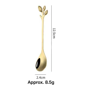 Detail showing dimensions of golden leaf-shaped stainless steel coffee spoon 12.5cm
