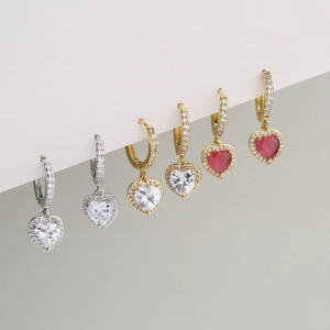 Heart Pendant Hoop Earrings Brass Zirconia Micro Pave Romantic Jewelry For Women Gift Elegant