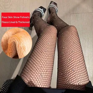 Fleece lined black rhinestone fishnet leggings with a realistic skin-through effect