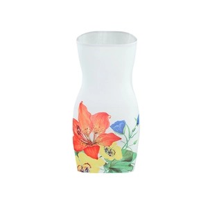 Detail of white strapless bodycon dress with vibrant floral lilies and green leaves print