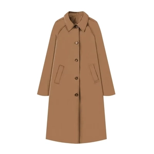 Detailliertes Flachbild eines braunen Trenchcoats mit Revers, Knöpfen und Seitentaschen