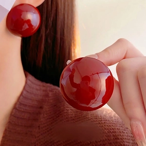 Minimalist red round stud earrings with glossy mirror finish for elegant women's fashion