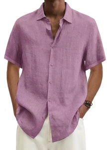 Camicia casual da uomo a maniche corte in lino e cotone in una tonalità viola polvere