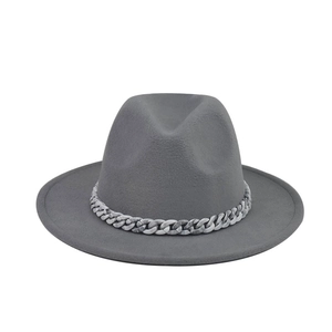 Classic dark grey wool felt fedora hat featuring a marble textured chain decoration