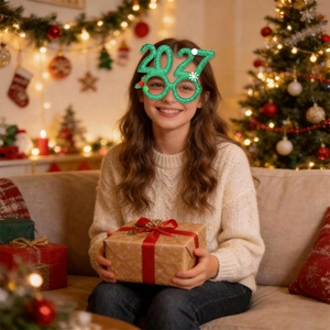 Person trägt 2027 Weihnachtsbrille mit Stechpalmenbeere und Schneeflocke in gemütlichem Heim