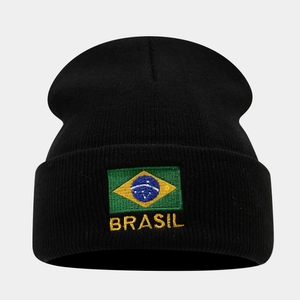 Black knit beanie with embroidered Brazil flag and yellow Brasil text for winter warmth