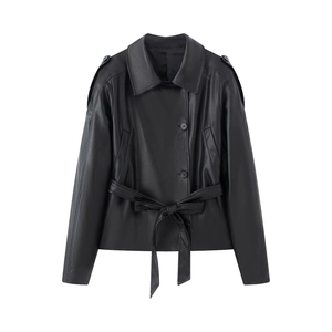 Women PU Leather Jacket Short Belted Faux Leather Windbreaker Coat Lapel Zipper Biker Outerwear Streetwear Black