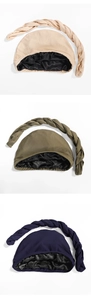 Three men's turbans in beige, olive, and navy with silk satin lining and braided trim