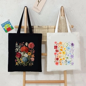 Aesthetic Floral Print Canvas Tote Bag Reusable Casual Handbag Eco Friendly Shoulder Shopping Bag For Women