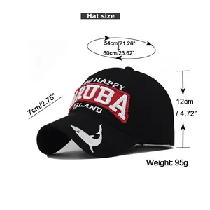 Detailed size chart for Aruba embroidered baseball cap with adjustable head circumference