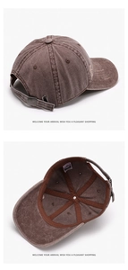 Dettaglio del cappellino in cotone marrone lavato con texture consumata e fibbia in metallo