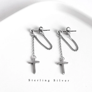 Minimalist Punk Ins Cross Chain Stud Earrings With 925 Sterling Silver Post Silver Plated Copper Dangle Earrings For Women Jewelry