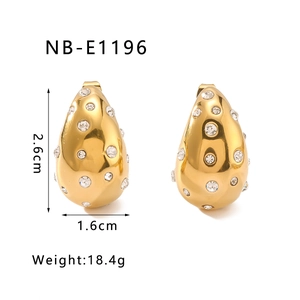 Detailed view of hollow teardrop earrings with crystals and precise size dimensions