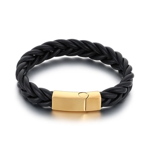 Men's double-strand braided black leather bracelet with golden magnetic steel clasp