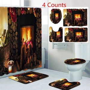 Tenda Da Doccia In Poliestere Impermeabile Stampa Caminetto Di Natale E Tappetino Da Bagno Antiscivolo Tappeto A Forma Di U Copertura WC Decorazione Invernale