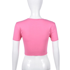 Back view of a tight-fitting pink crew neck crop top T-shirt on a white mannequin