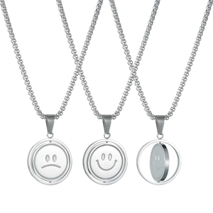 Rotating smiley face pendant necklace in stainless steel with a versatile double-sided design