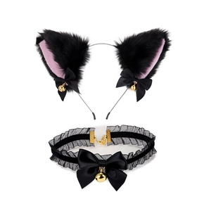 Detail of plush cat ear headband and lace choker with black bows and golden bells
