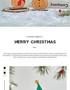 Close-up of wooden snowman and Christmas tree tabletop ornaments with a festive snowy background