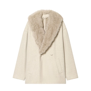 Women Mid Length Woolen Coat Faux Fur Collar Double Breasted Elegant Solid Color Jacket With Pockets Winter