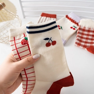 Women's cherry and strawberry cotton crew socks in sweet pastoral patterns and colors