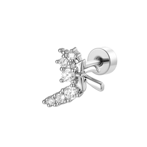 Elegant silver helix stud with cubic zirconia bowknot and curved crystal crescent design