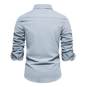 Back view of classic light blue cotton long sleeve shirt with a minimalist regular fit