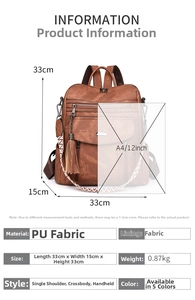 Detailed size specifications for the brown PU leather multi-functional backpack with A4 scale
