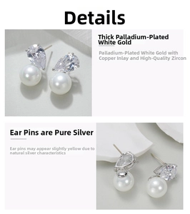 Detailed macro view of pear-cut zircon and white pearl earrings with silver posts