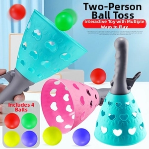 Kids indoor double catching ball game with two funnel launchers and colorful plastic balls