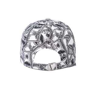 Close-up of adjustable back strap and metal buckle on dollar print baseball cap
