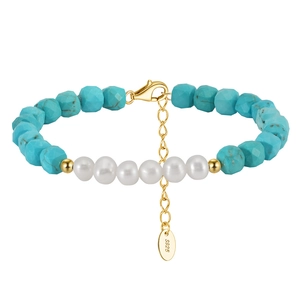S925 Sterling Silver Natural Freshwater Pearl Turquoise Beaded Bracelet For Women 14K Gold Plated Handmade Jewelry Gift