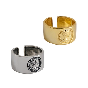 Retro S925 sterling silver wide open rings featuring Queen Elizabeth coin relief portraits