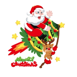 Merry Christmas window sticker featuring Santa in a tree rocket with reindeer and stars