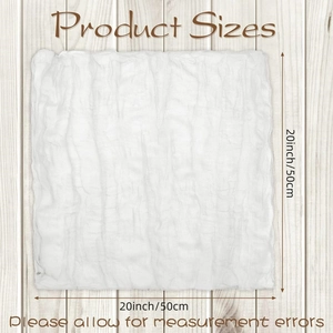 Detailed size chart showing 20x20 inch white boho wrinkled gauze napkin on wood