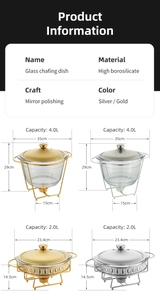Detaillierte Größen- und Kapazitätstabelle für Glas-Speisenwärmer in Gold und Silber