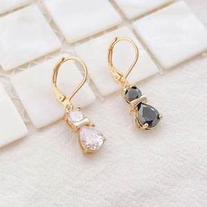 Elegant cat-shaped copper earrings with sparkling zircon stones in black and white styles