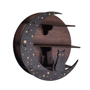 Detail of moon and cat wooden shelf with golden stars and two interior display levels
