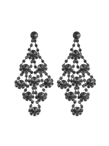 Detail shot of vintage black rhinestone fringe drop earrings with multi-layered crystals
