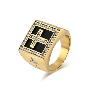 Hip-hop gold and black square ring for men featuring a cross and cubic zirconia pave