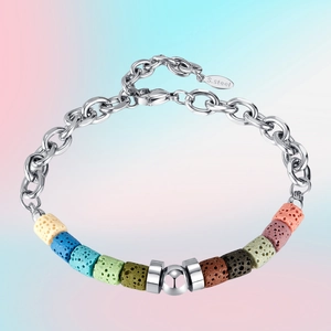 Detail of colorful volcanic stone bracelet with S.Steel engraving on the metal clasp