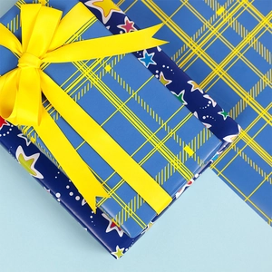 Premium 43cm fluorescent gift wrapping paper with blue plaid and star patterns