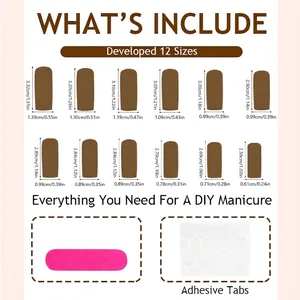 French 3D gradient press-on nails set size chart with various long coffin nail dimensions